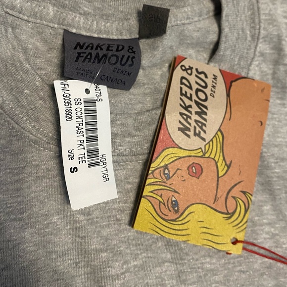 Grey Naked&Famous Men’s TShirt with Printed Pocket - Picture 2 of 2